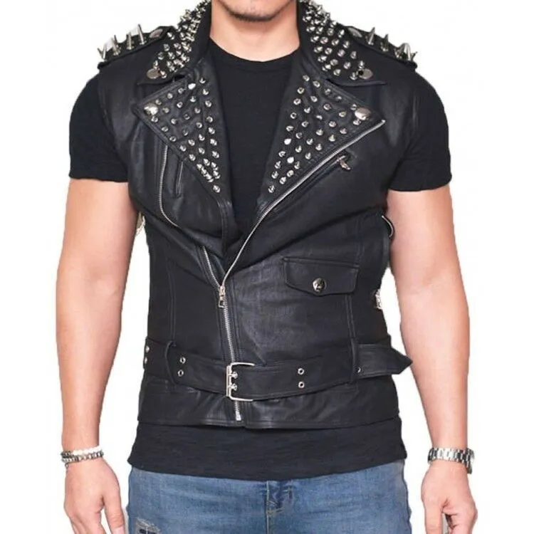 Men's Black Biker Real Leather Silver Spike Punk Vest