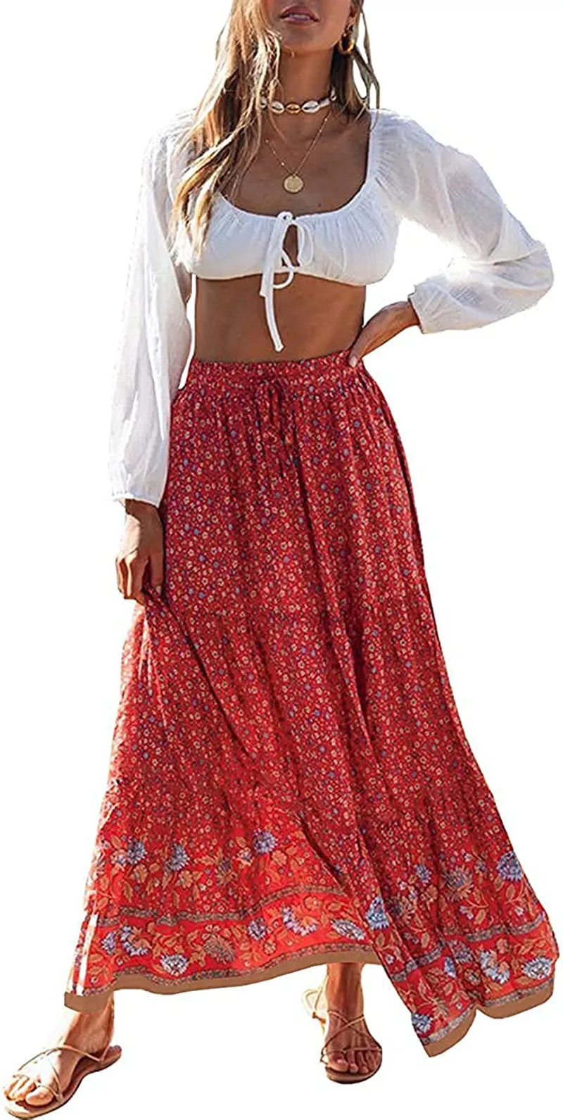 MEROKEETY Women's Boho Floral Print Elastic High Waist Pleated A Line Midi Skirt