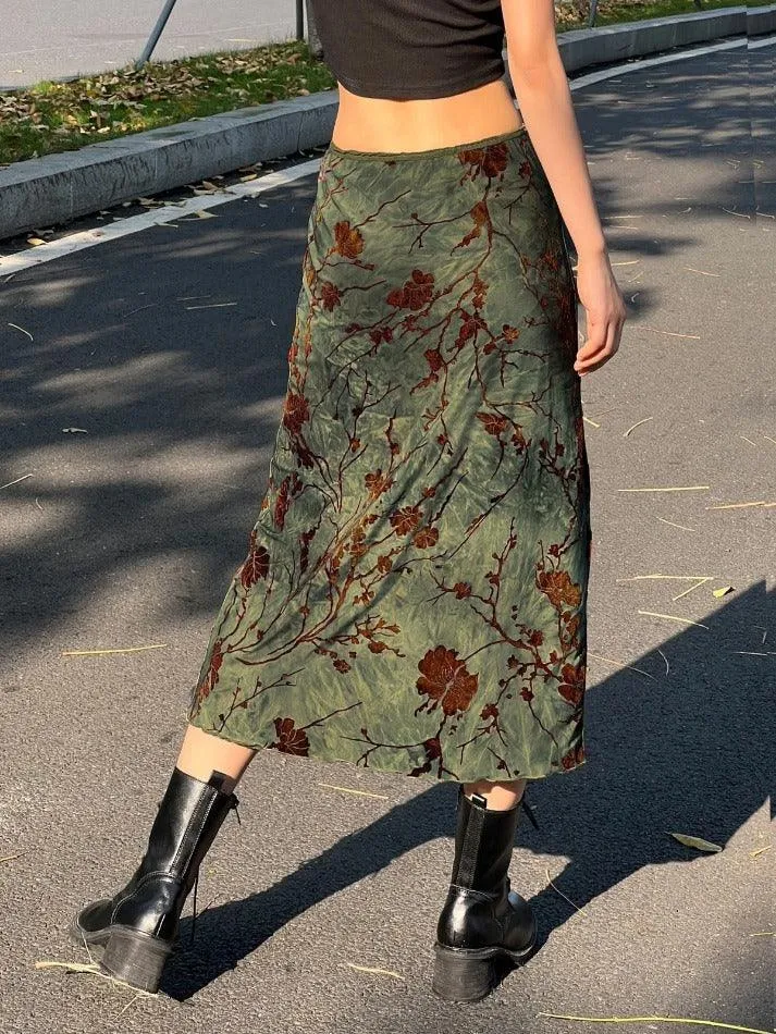 Mesh Lining Vintage Floral Midi Skirt