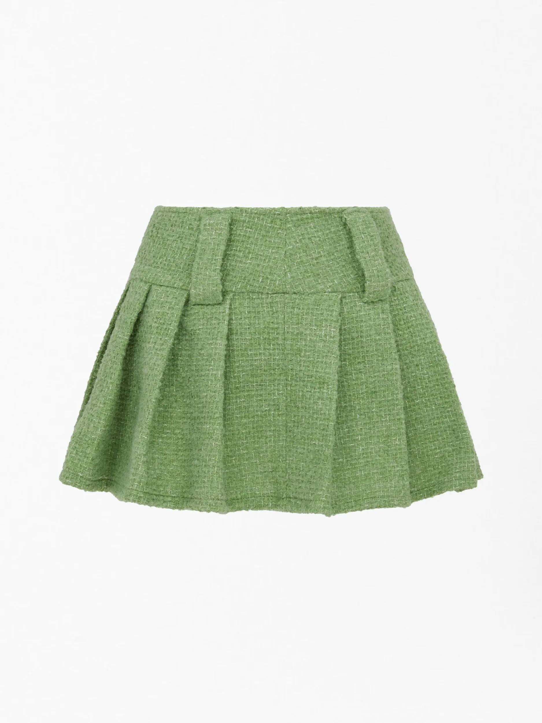 Metallic Thread Pleated Bouclé Tweed Mini Skirt in Pistachio Green