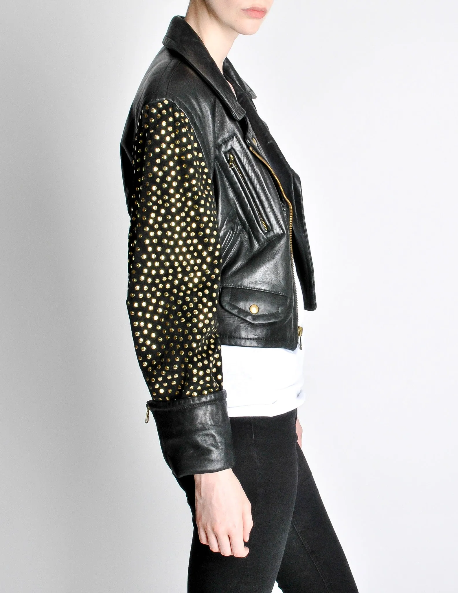 Moschino Vintage Studded Black Leather Cropped Moto Jacket