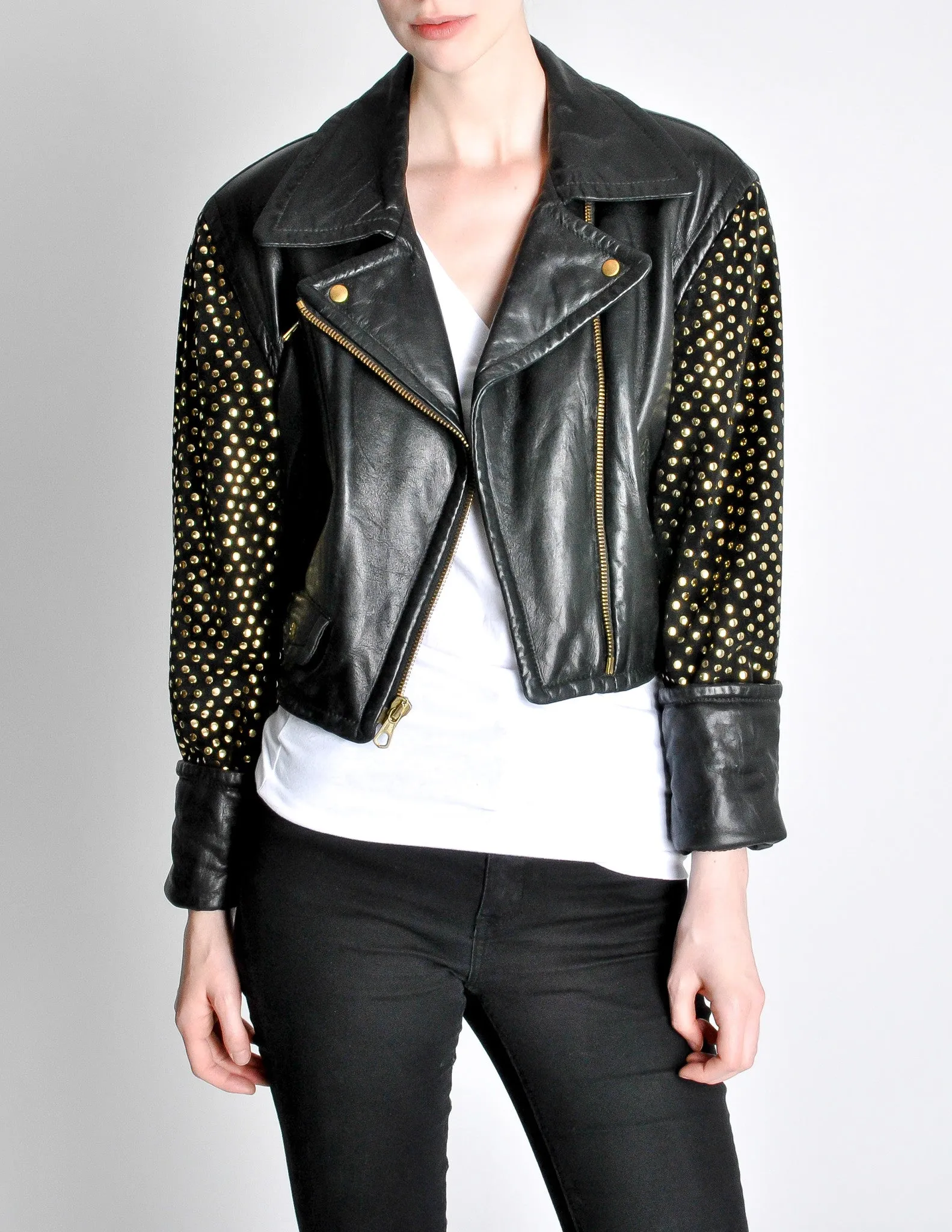 Moschino Vintage Studded Black Leather Cropped Moto Jacket