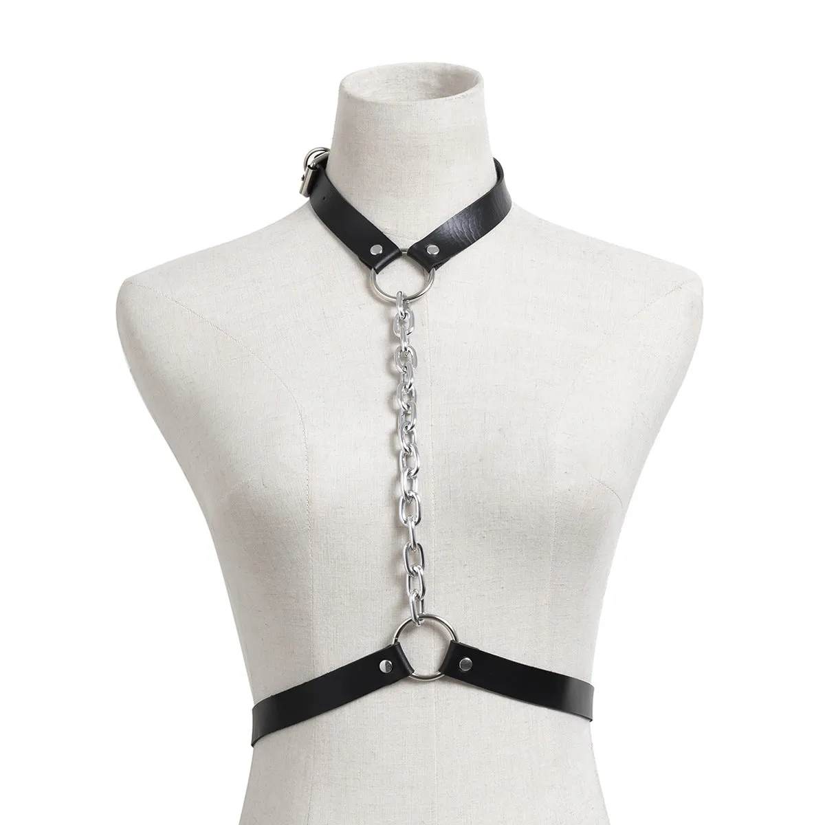 Punk Rock Chain Necklace and Body Chain Set with PU Neck Chain for Women