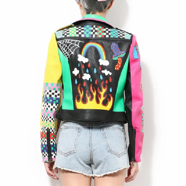 Punk Rock Colorful Cartoon Studded Leather Jacket