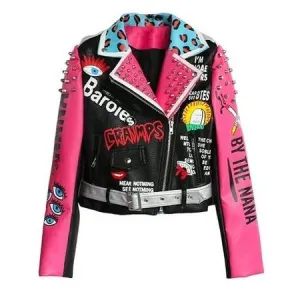 Punk Rock Pink Biker Studded Leather Jacket