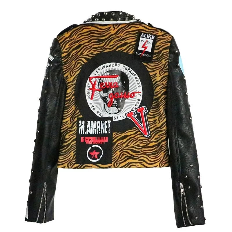 Punk Rock Skull Leopard Studded Leather Jacket