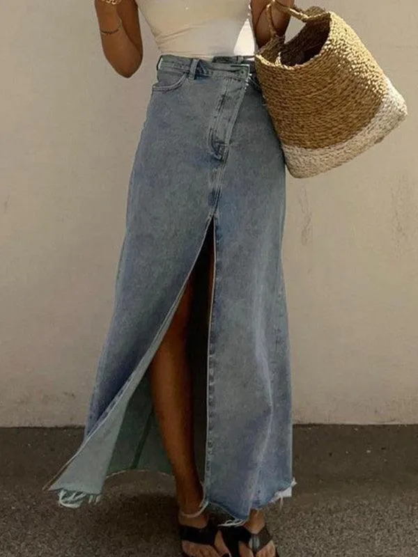 Retro High Waist Slit Denim Skirt