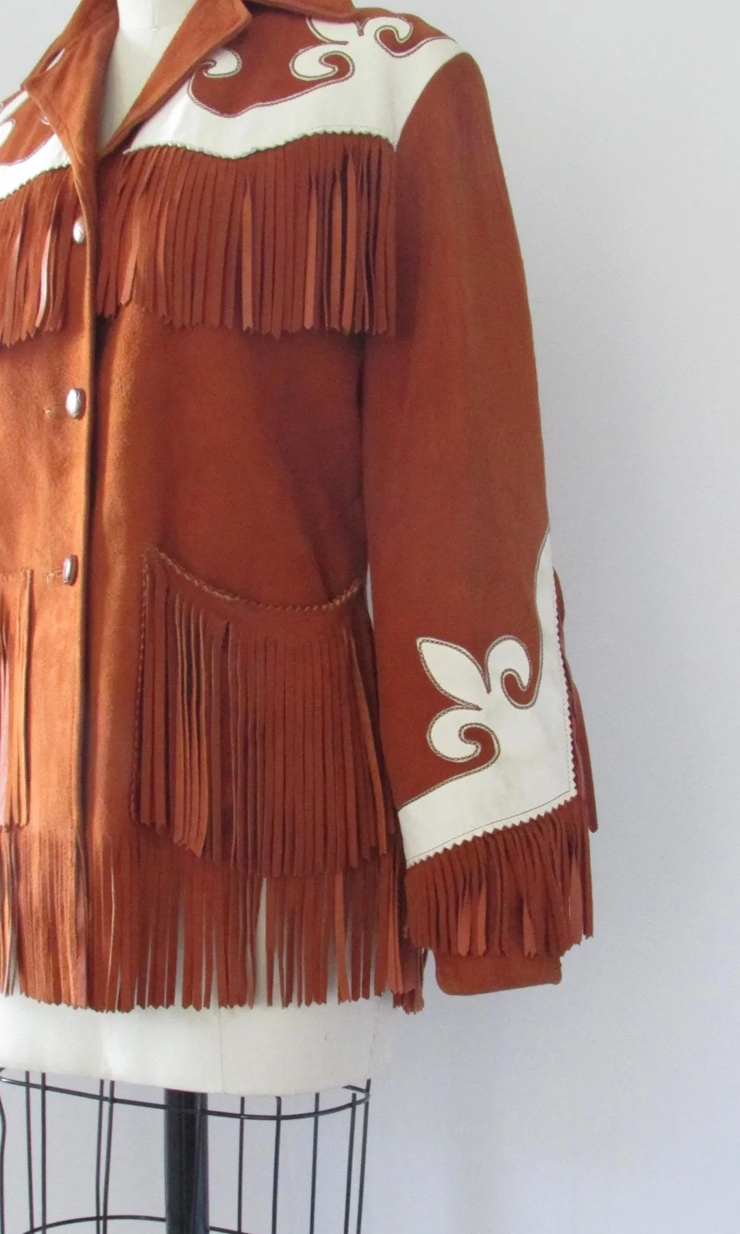 RODEO QUEEN 50s Western Suede Fringe Jacket with Applique, Size Small