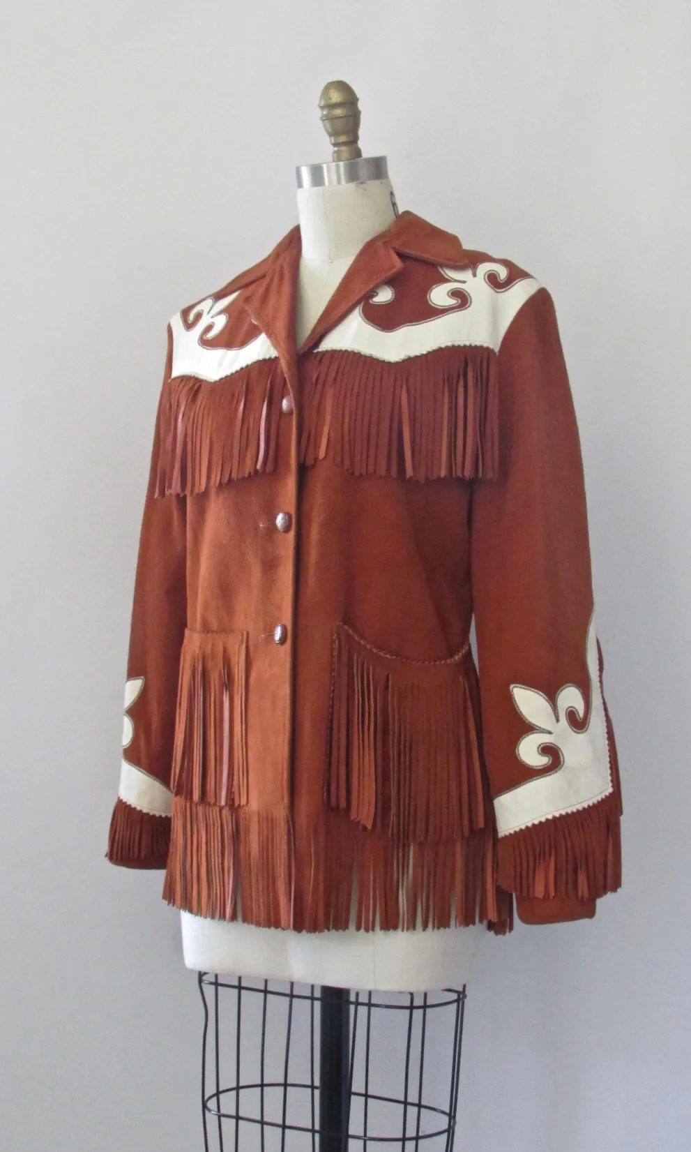 RODEO QUEEN 50s Western Suede Fringe Jacket with Applique, Size Small