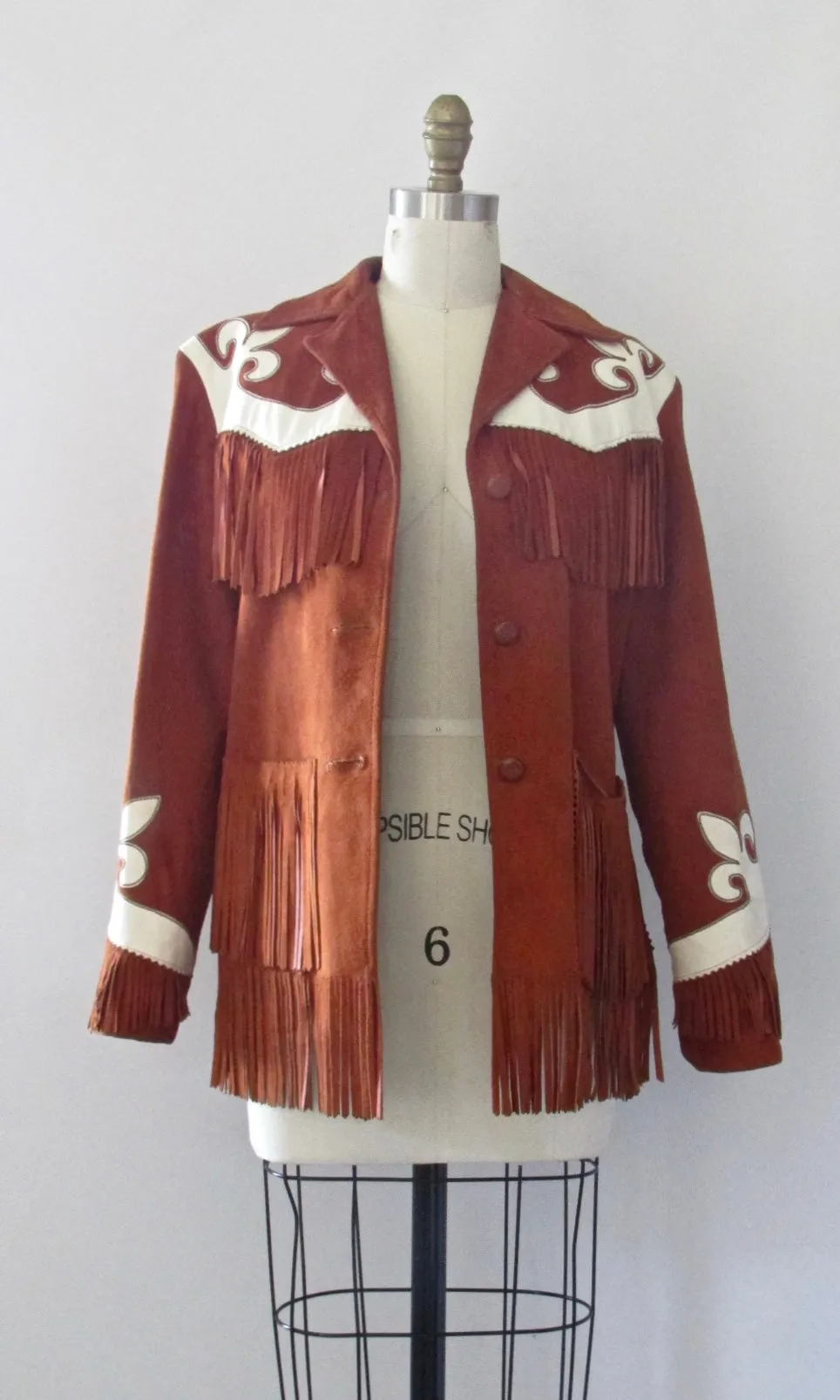 RODEO QUEEN 50s Western Suede Fringe Jacket with Applique, Size Small