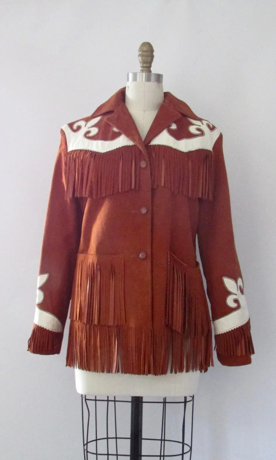 RODEO QUEEN 50s Western Suede Fringe Jacket with Applique, Size Small