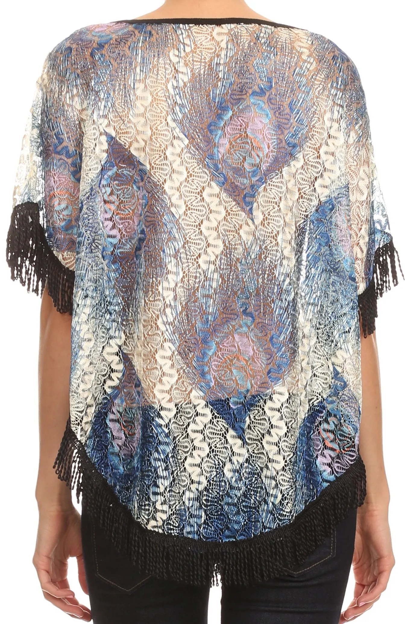 Sakkas Paney Long Wide Lace Embroidered Fringe Tassel Loose Poncho Top Blouse