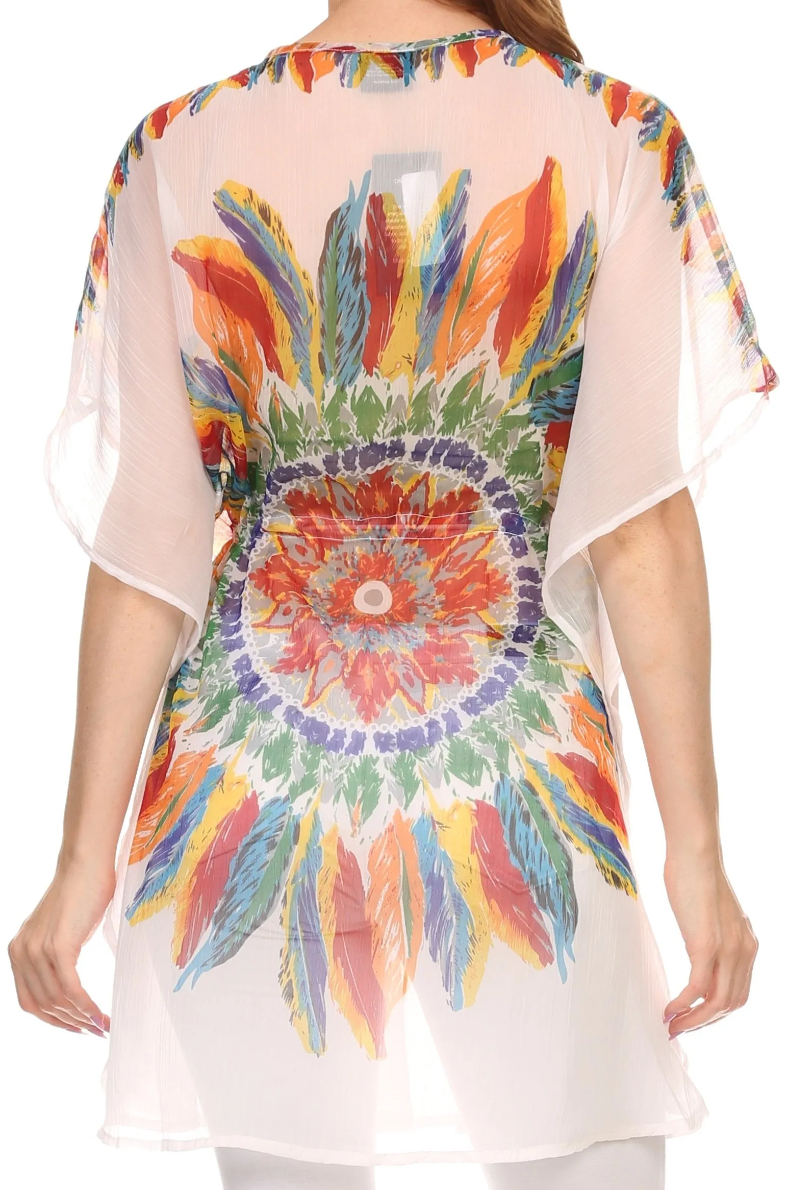 Sakkas Vilvetta Long Wide Adjustable Waist Poncho Top Blouse Feather Print CoverUp