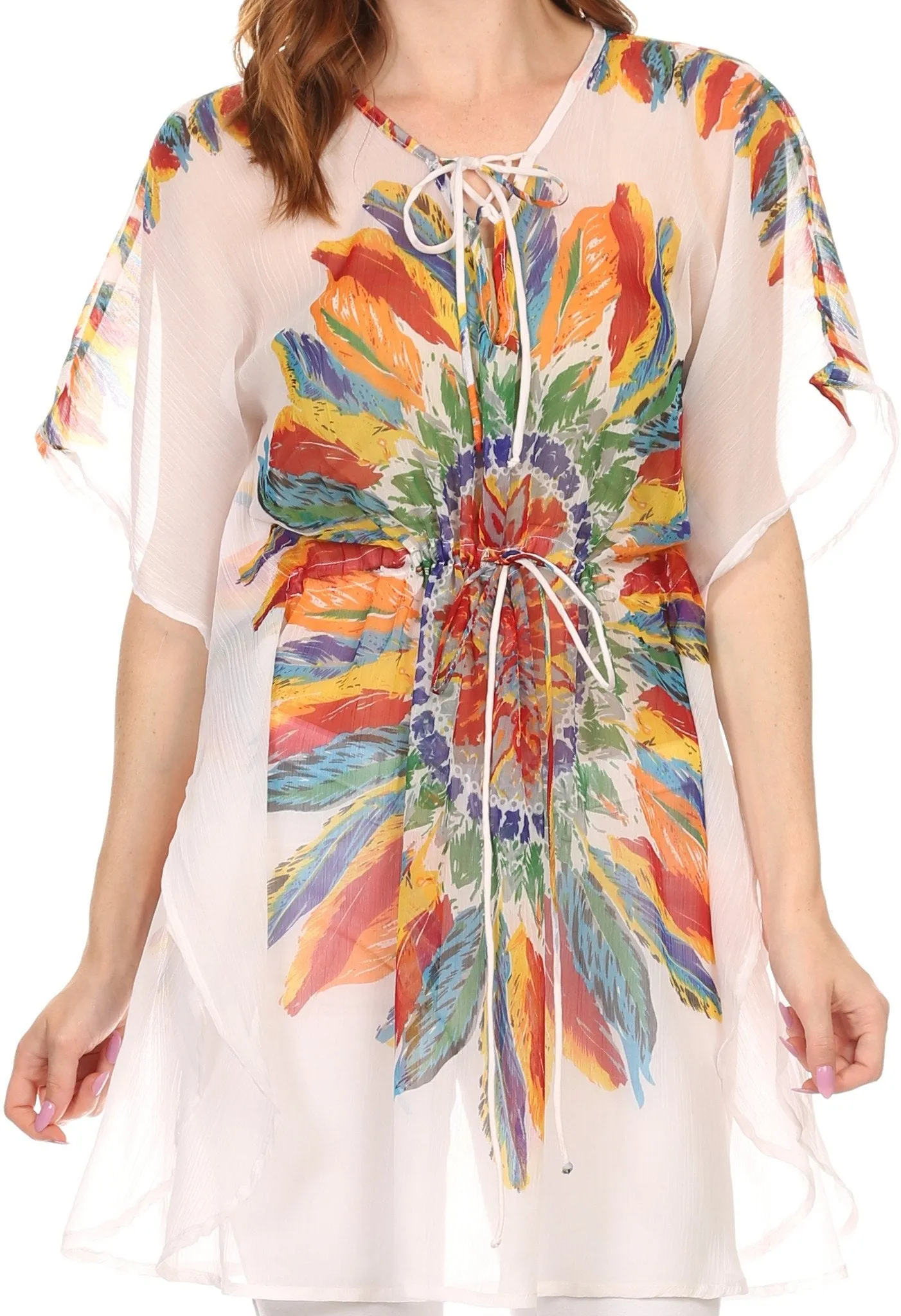 Sakkas Vilvetta Long Wide Adjustable Waist Poncho Top Blouse Feather Print CoverUp