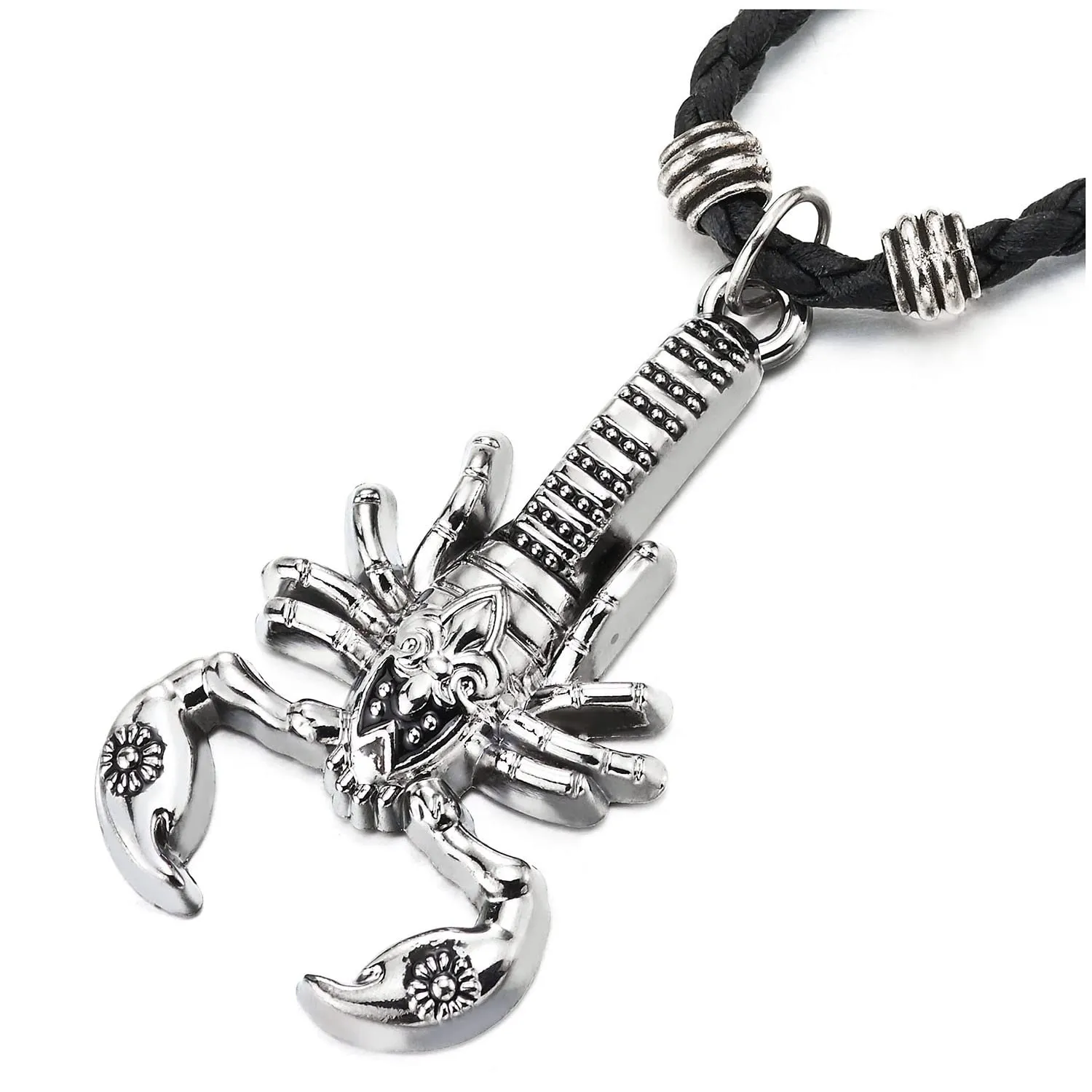 Scorpion Pendant Necklace for Men Women with Adjustable Black Braided Leather Cord