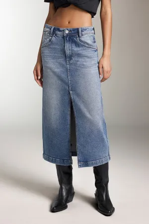 Slit Denim Maxi Skirt In Vintage Blue