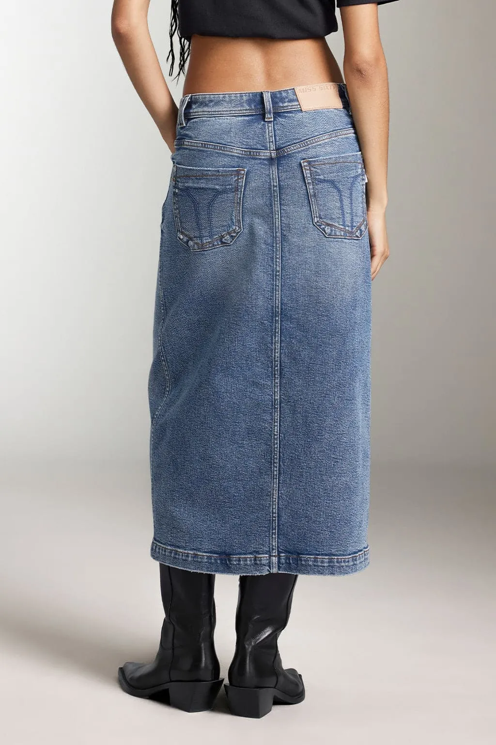 Slit Denim Maxi Skirt In Vintage Blue