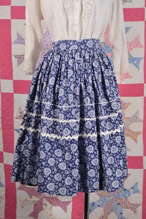 SOLD Vintage 50s Navy Heart & Floral Print Country Cottagecore Skirt