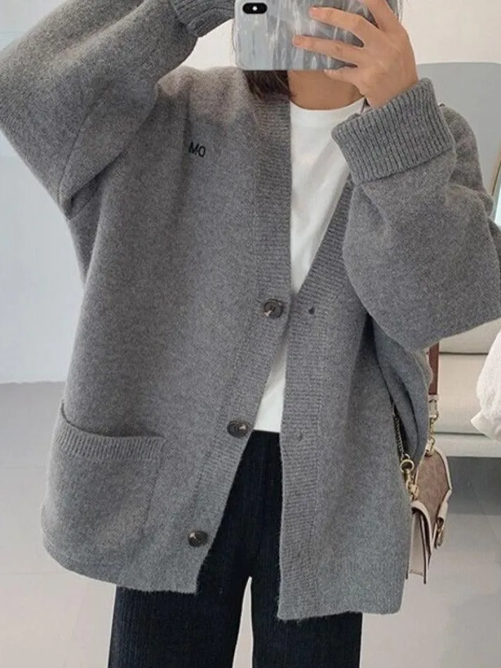 Solid Color V Neck Loose Cardigan