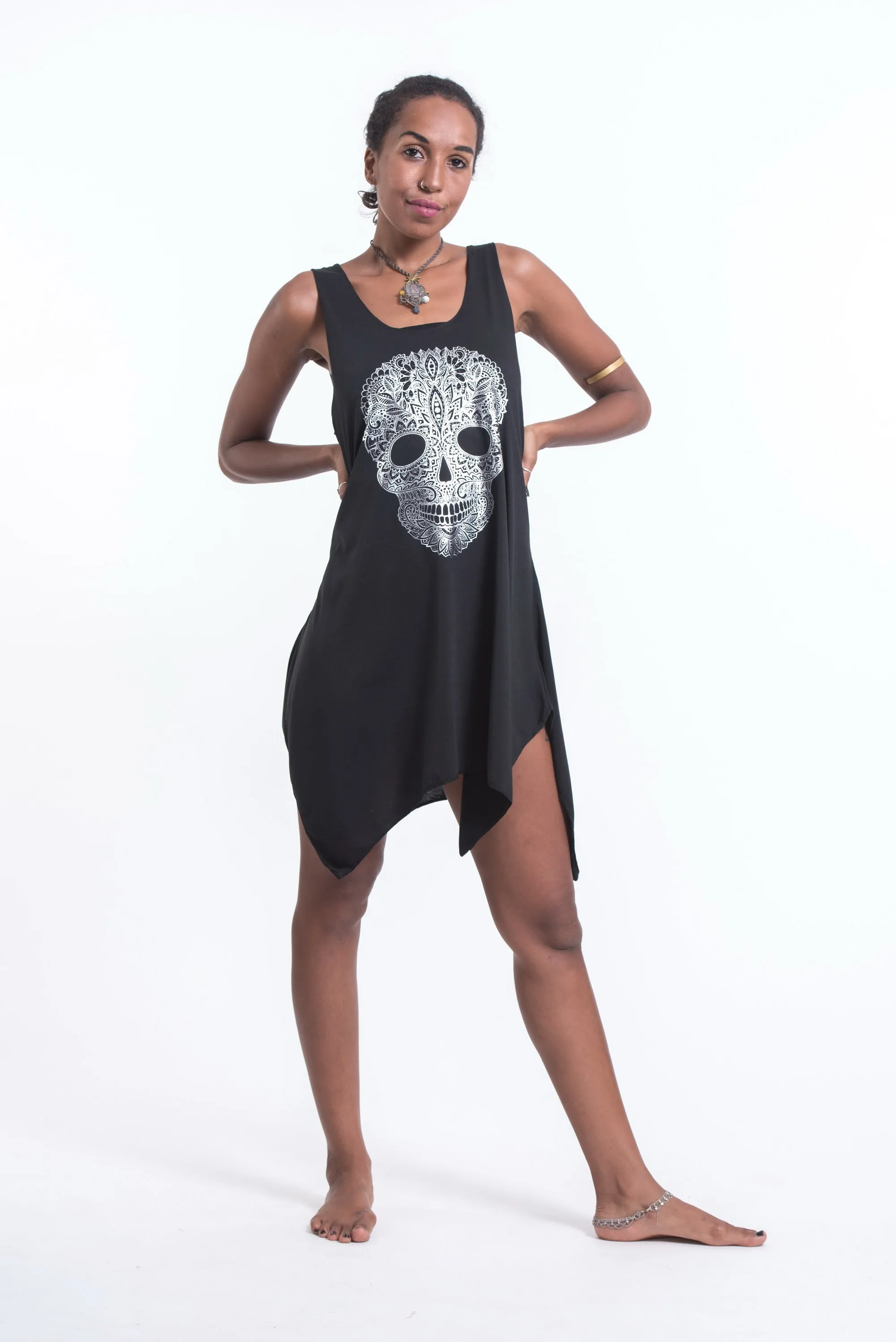 Super Soft Cotton Boho Skull Tank Dress Silver on Black