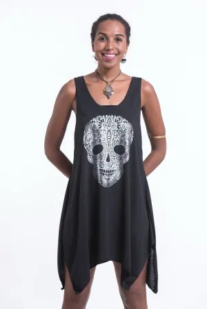 Super Soft Cotton Boho Skull Tank Dress Silver on Black