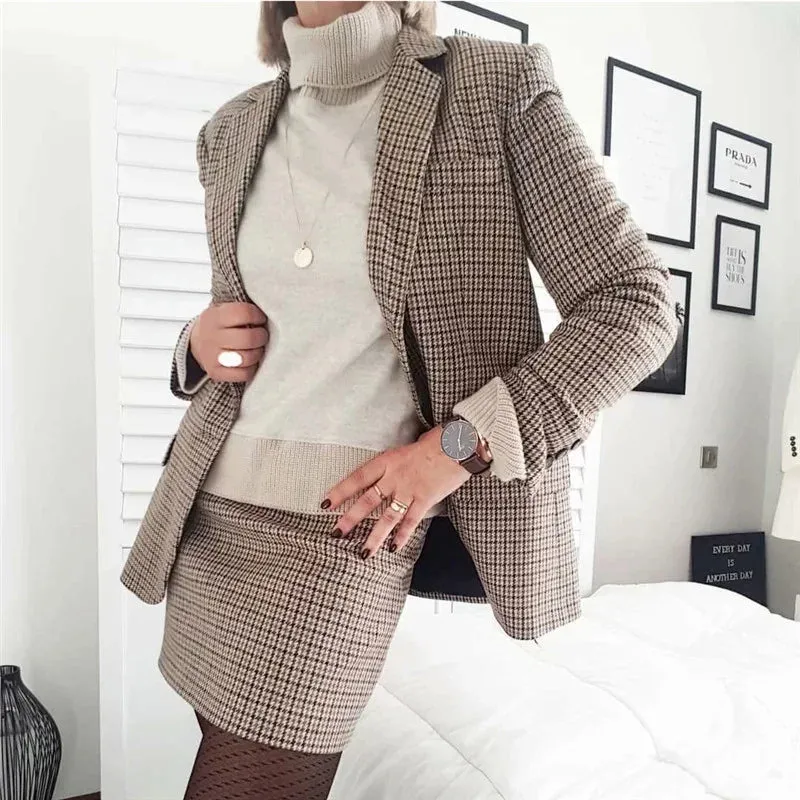 TAVIMART  -   Spring New Ladies Retro Plaid Single Breasted Suit Jacket Sexy High Waist Bag Hip Short Skirt Fashion Casual Women's Suit