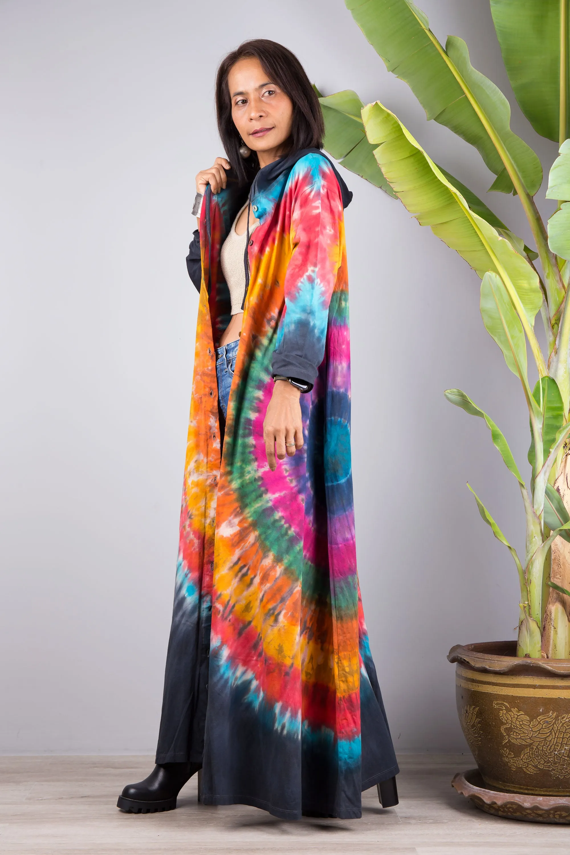 Tie dye duster dress with hood