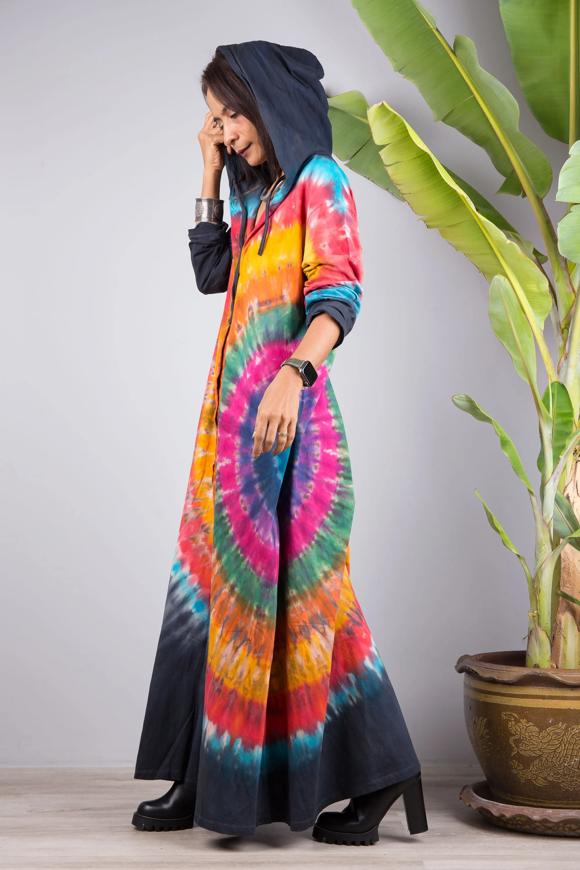 Tie dye duster dress with hood