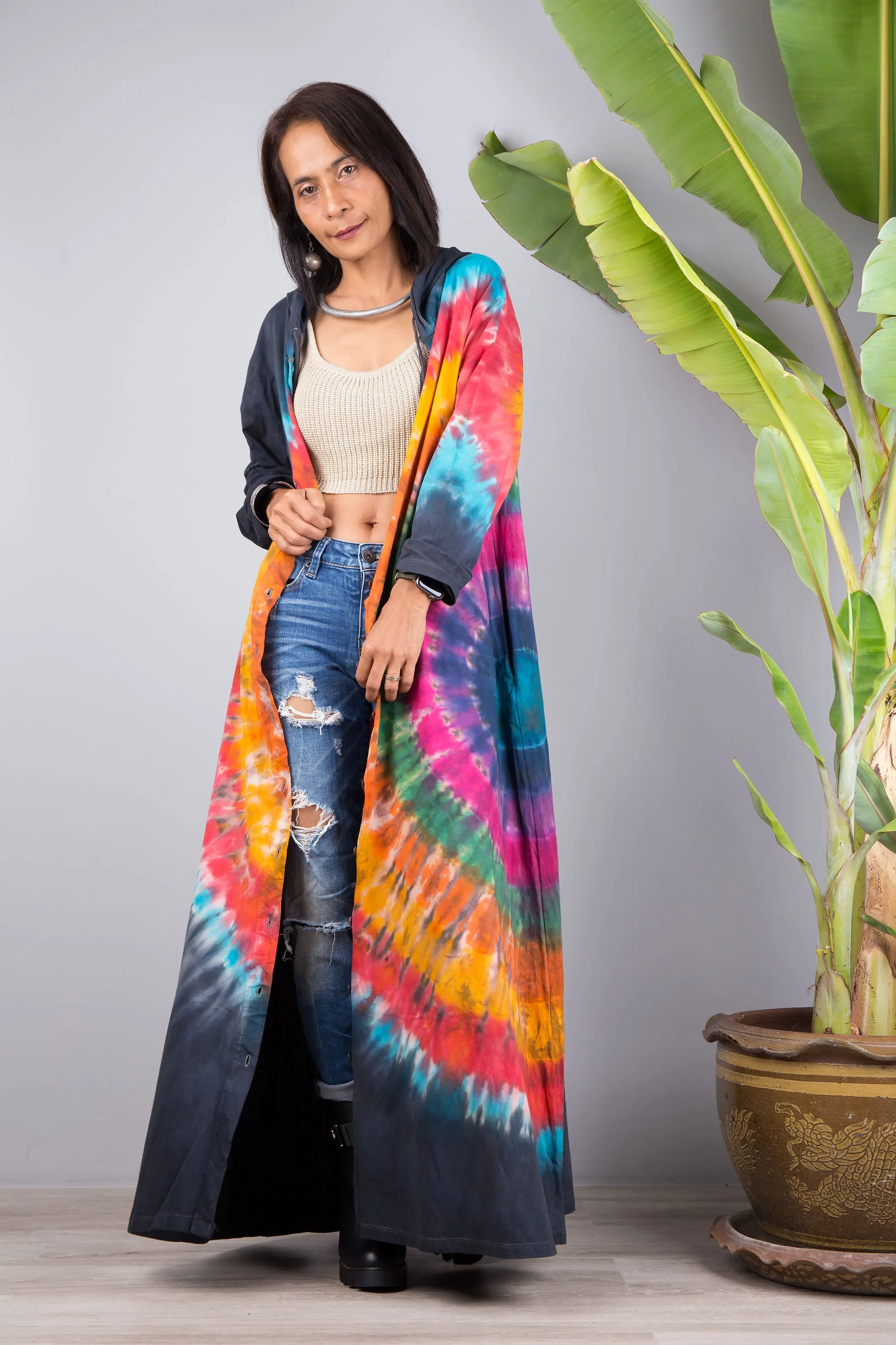 Tie dye duster dress with hood