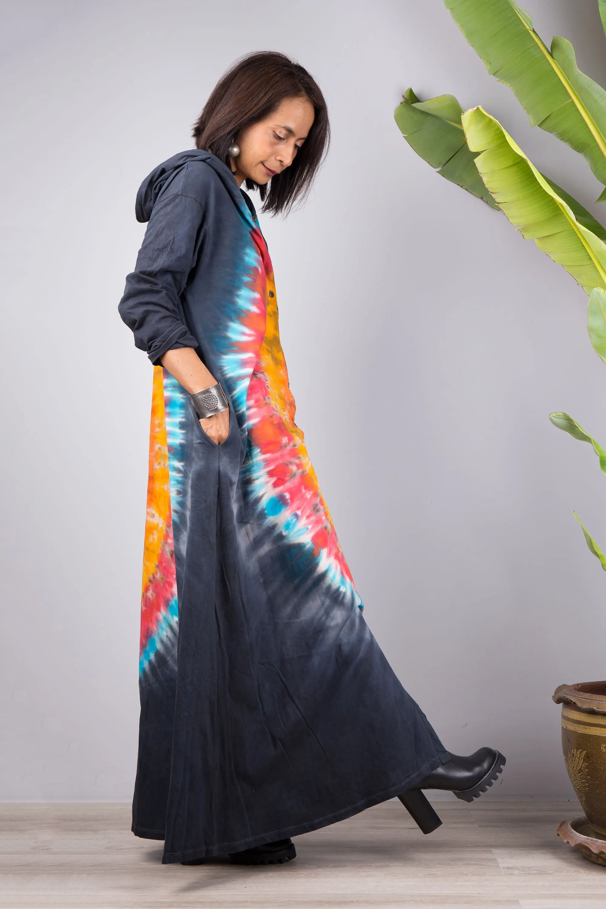 Tie dye duster dress with hood