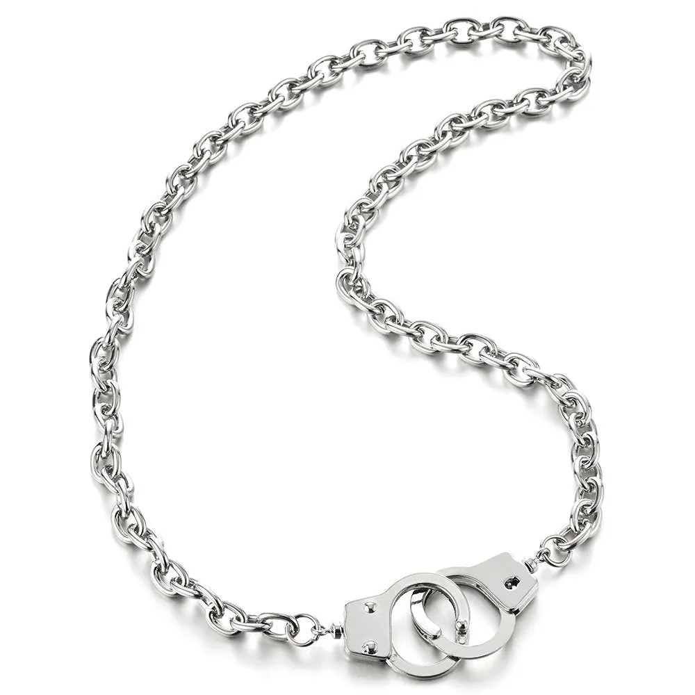 Unisex Silver Color Handcuff Necklace, 26.8 Inches Rope Chain, Punk Rock Style, Perfect for Men and Women Seeking Edgy Accessories