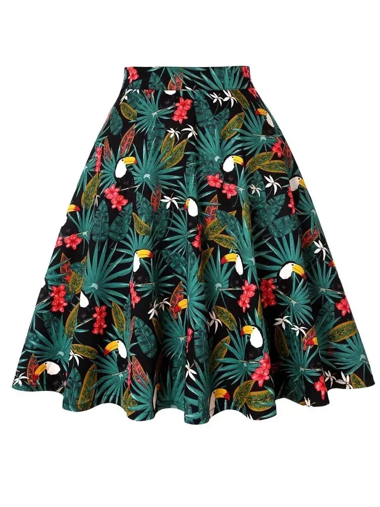 Uniwim Vintage 60s Woodpecker Print  A Line Skirts 2024 New Holiday Tropical Pin Up Swing Skater Knee Length Women Print Skirt