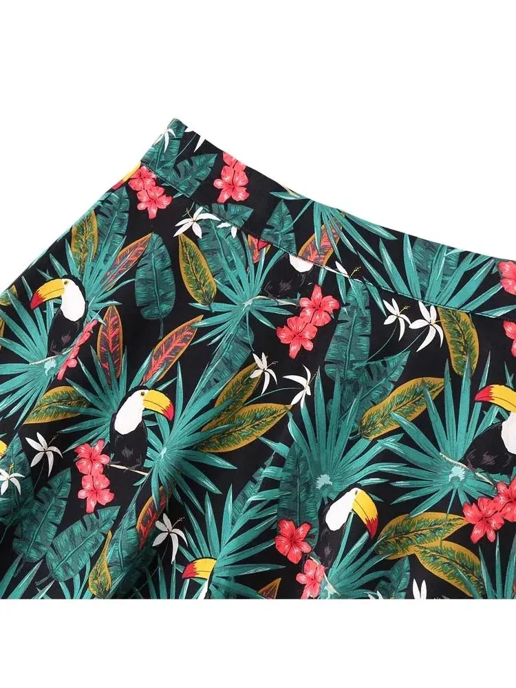 Uniwim Vintage 60s Woodpecker Print  A Line Skirts 2024 New Holiday Tropical Pin Up Swing Skater Knee Length Women Print Skirt