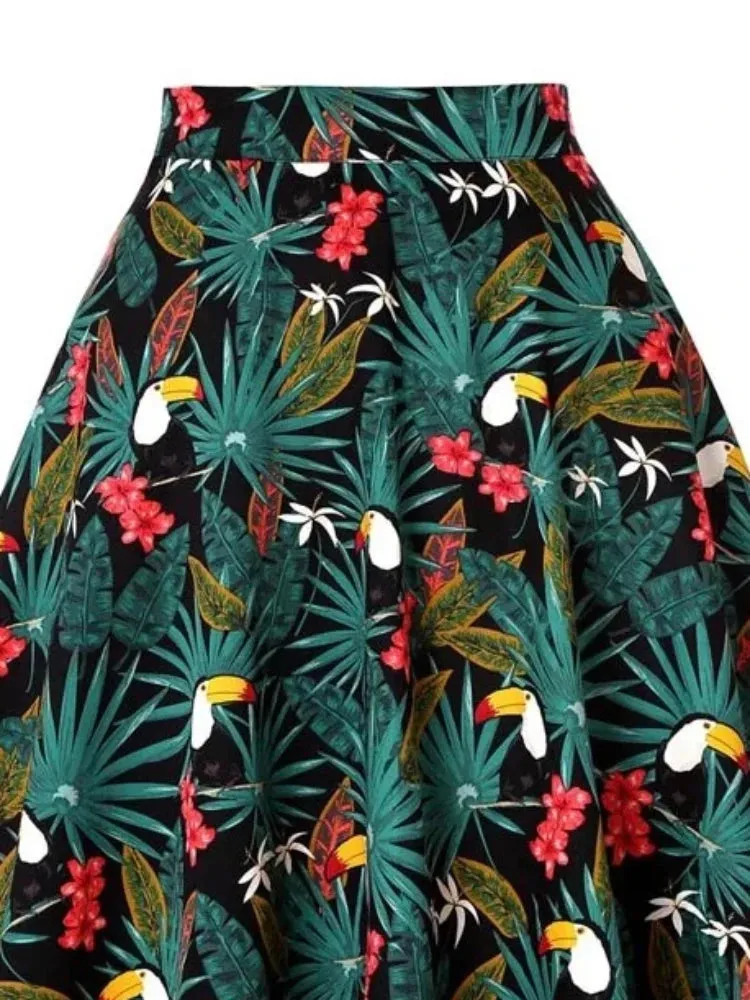 Uniwim Vintage 60s Woodpecker Print  A Line Skirts 2024 New Holiday Tropical Pin Up Swing Skater Knee Length Women Print Skirt