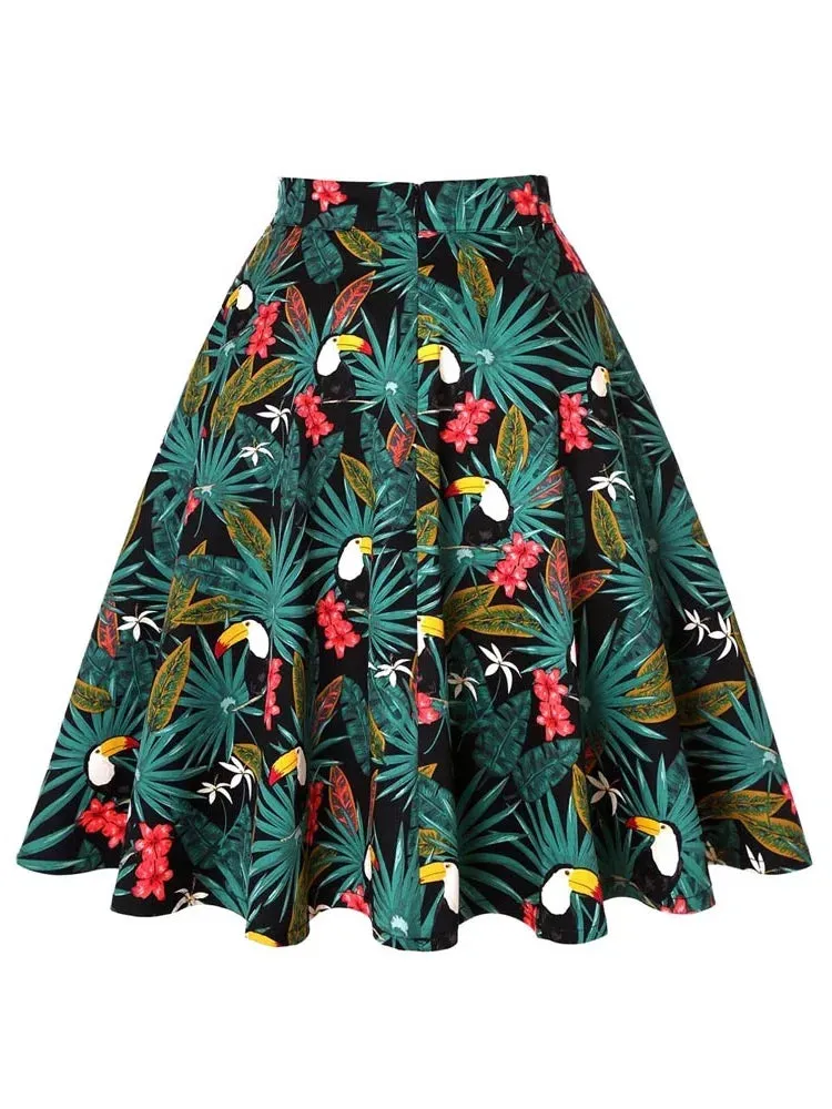 Uniwim Vintage 60s Woodpecker Print  A Line Skirts 2024 New Holiday Tropical Pin Up Swing Skater Knee Length Women Print Skirt