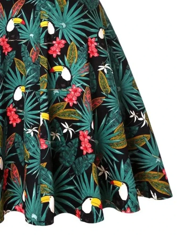 Uniwim Vintage 60s Woodpecker Print  A Line Skirts 2024 New Holiday Tropical Pin Up Swing Skater Knee Length Women Print Skirt