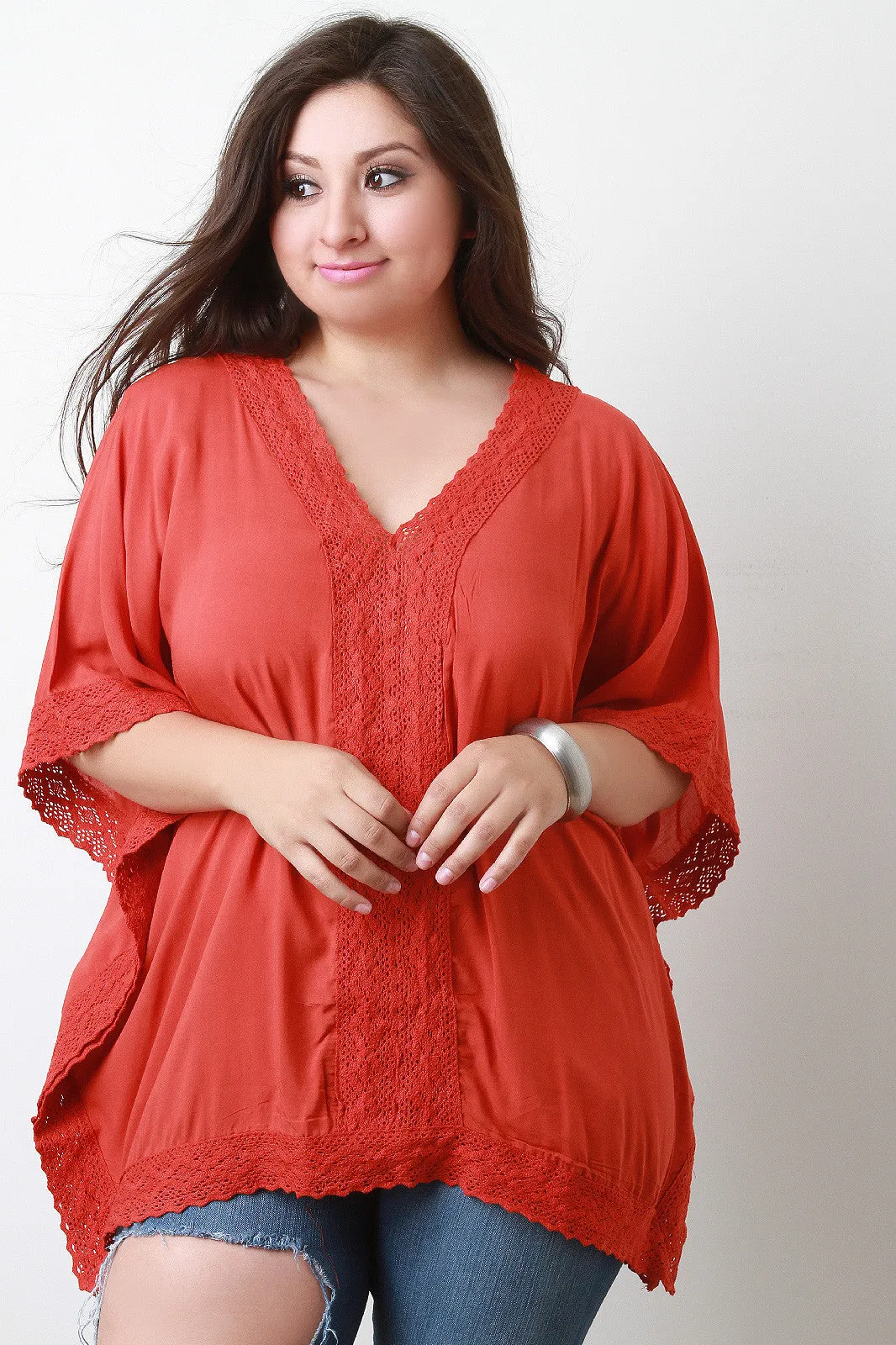 V-Neck Crochet Panel Poncho Top