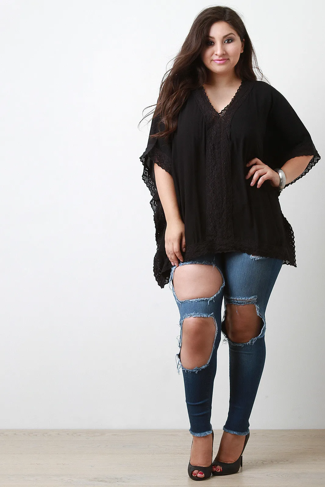 V-Neck Crochet Panel Poncho Top