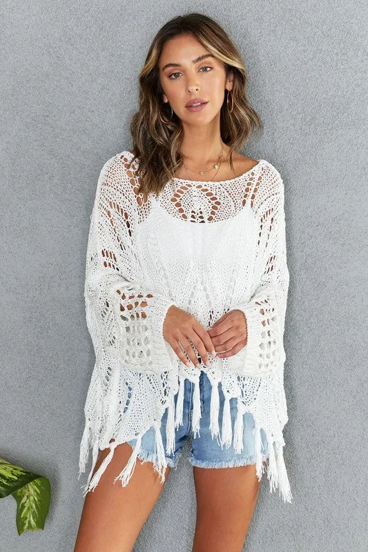 Venti6 Drop Shoulder Crochet Tassel Poncho Cover Up - White