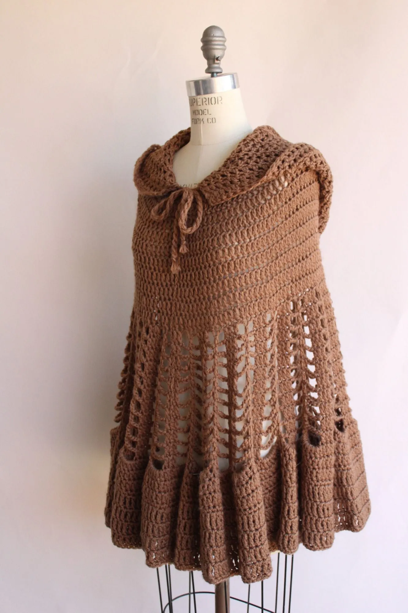 Vintage 1960s 1970s Poncho with Hood in a Brown Knit with Drawstring Tie