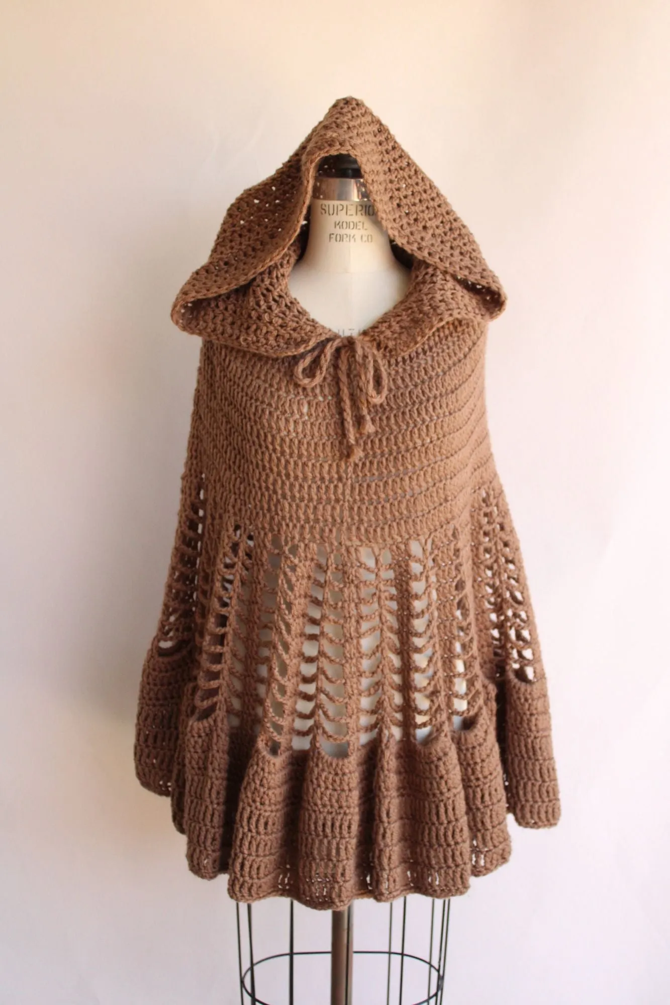 Vintage 1960s 1970s Poncho with Hood in a Brown Knit with Drawstring Tie