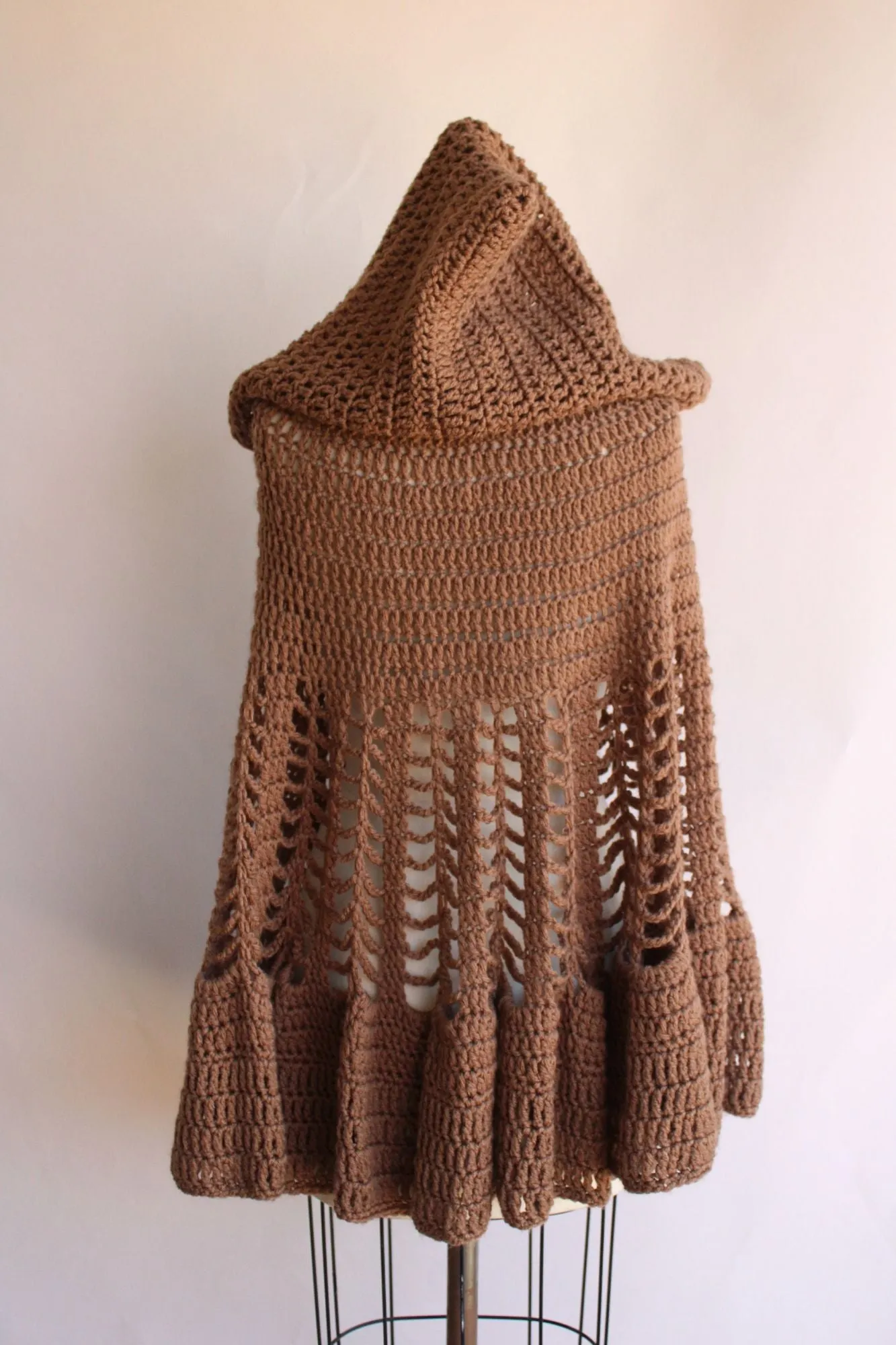 Vintage 1960s 1970s Poncho with Hood in a Brown Knit with Drawstring Tie