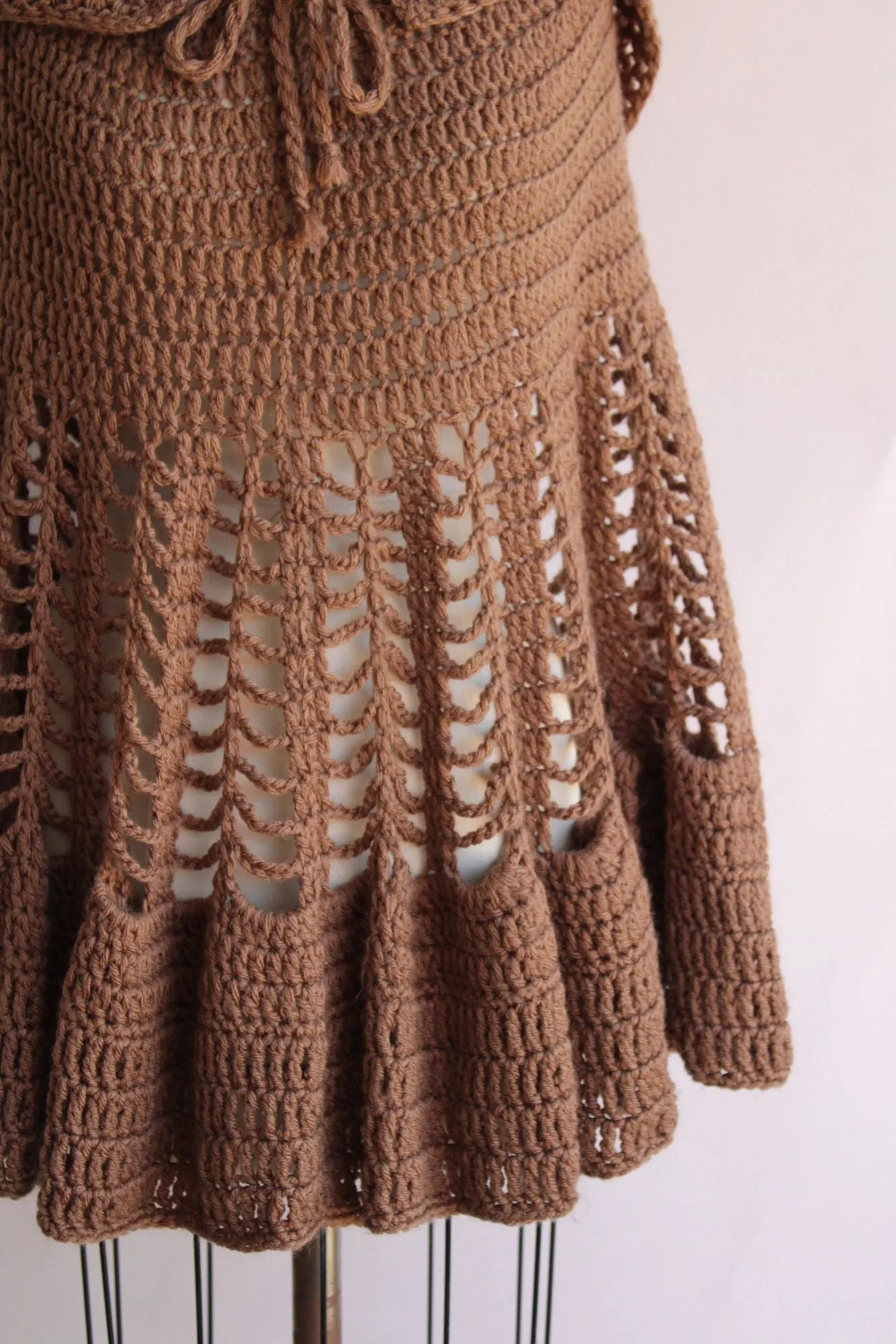 Vintage 1960s 1970s Poncho with Hood in a Brown Knit with Drawstring Tie