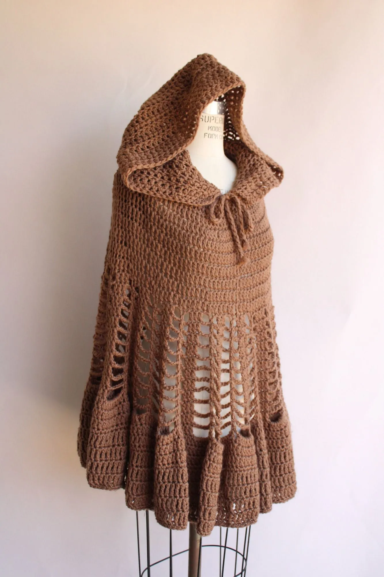 Vintage 1960s 1970s Poncho with Hood in a Brown Knit with Drawstring Tie