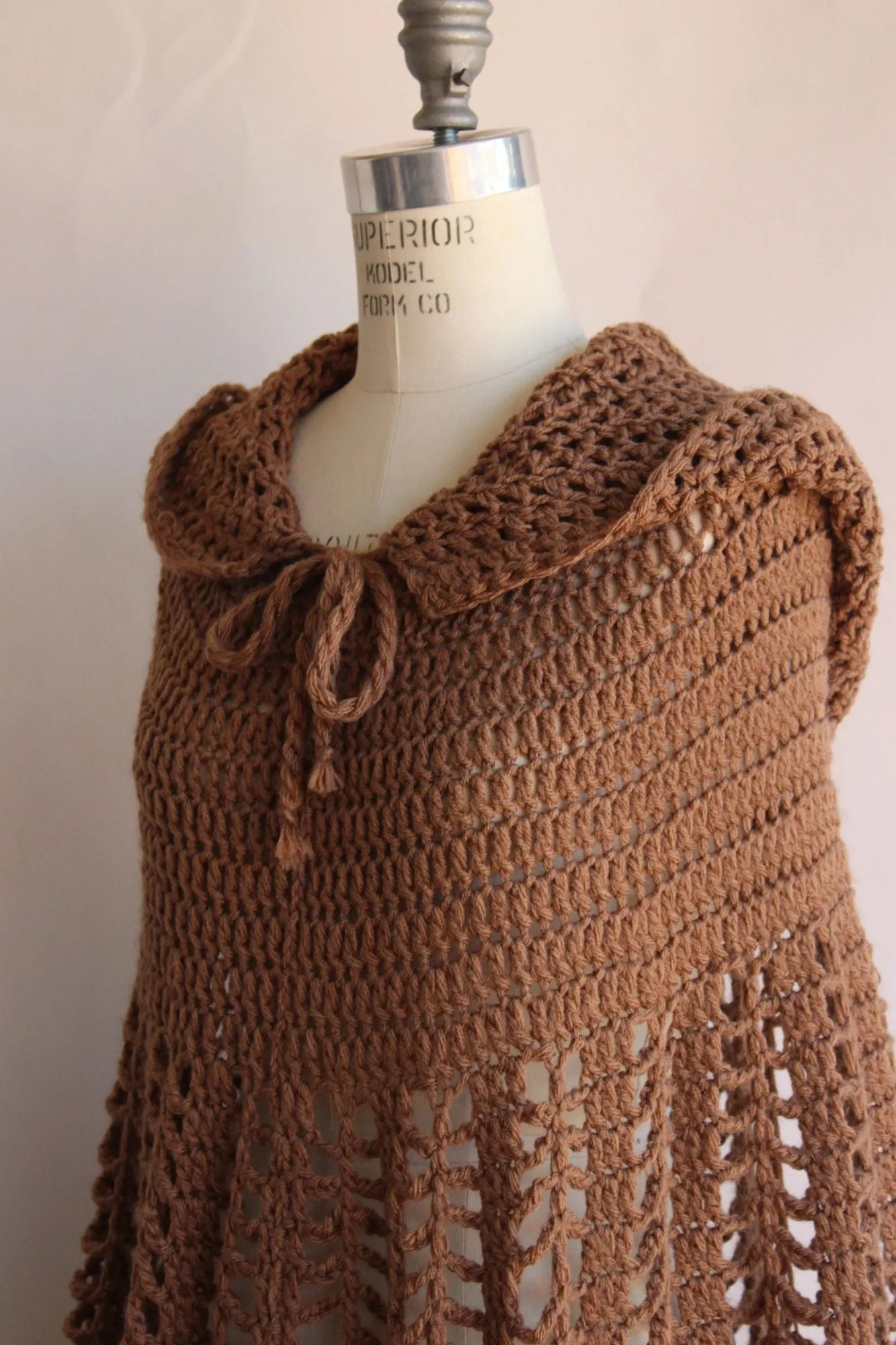 Vintage 1960s 1970s Poncho with Hood in a Brown Knit with Drawstring Tie