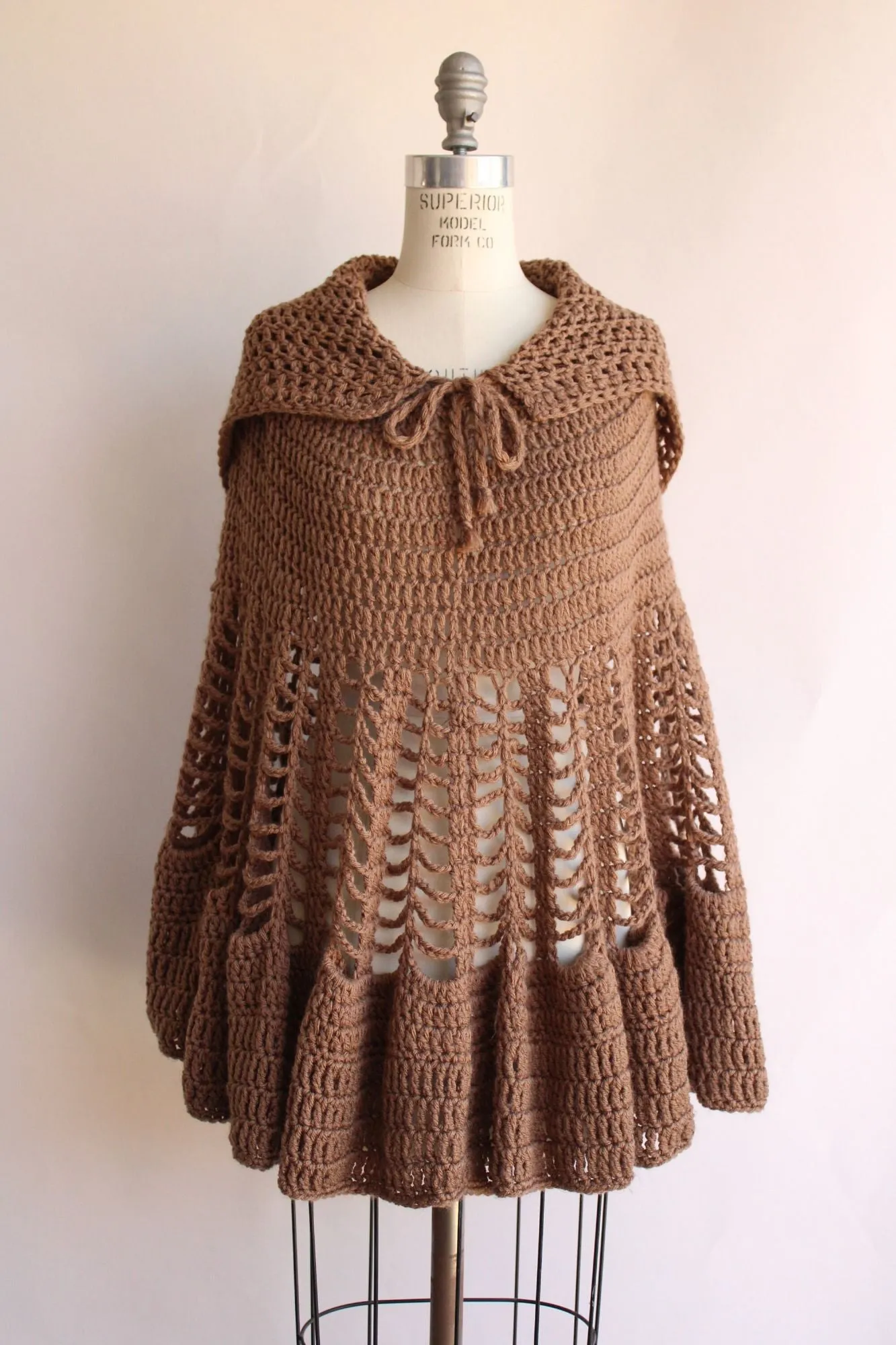 Vintage 1960s 1970s Poncho with Hood in a Brown Knit with Drawstring Tie