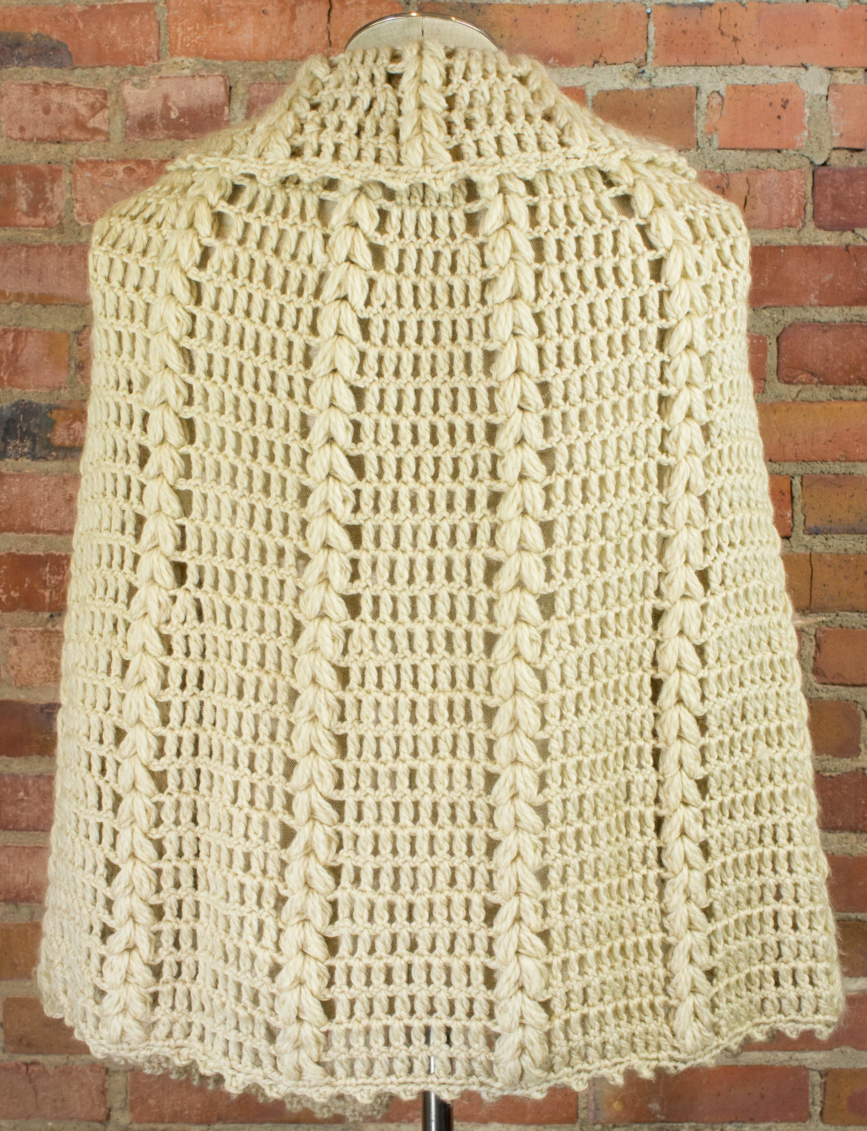 Vintage 70s Crocheted Cream Knit Shawl Poncho With Pom Poms Free Size