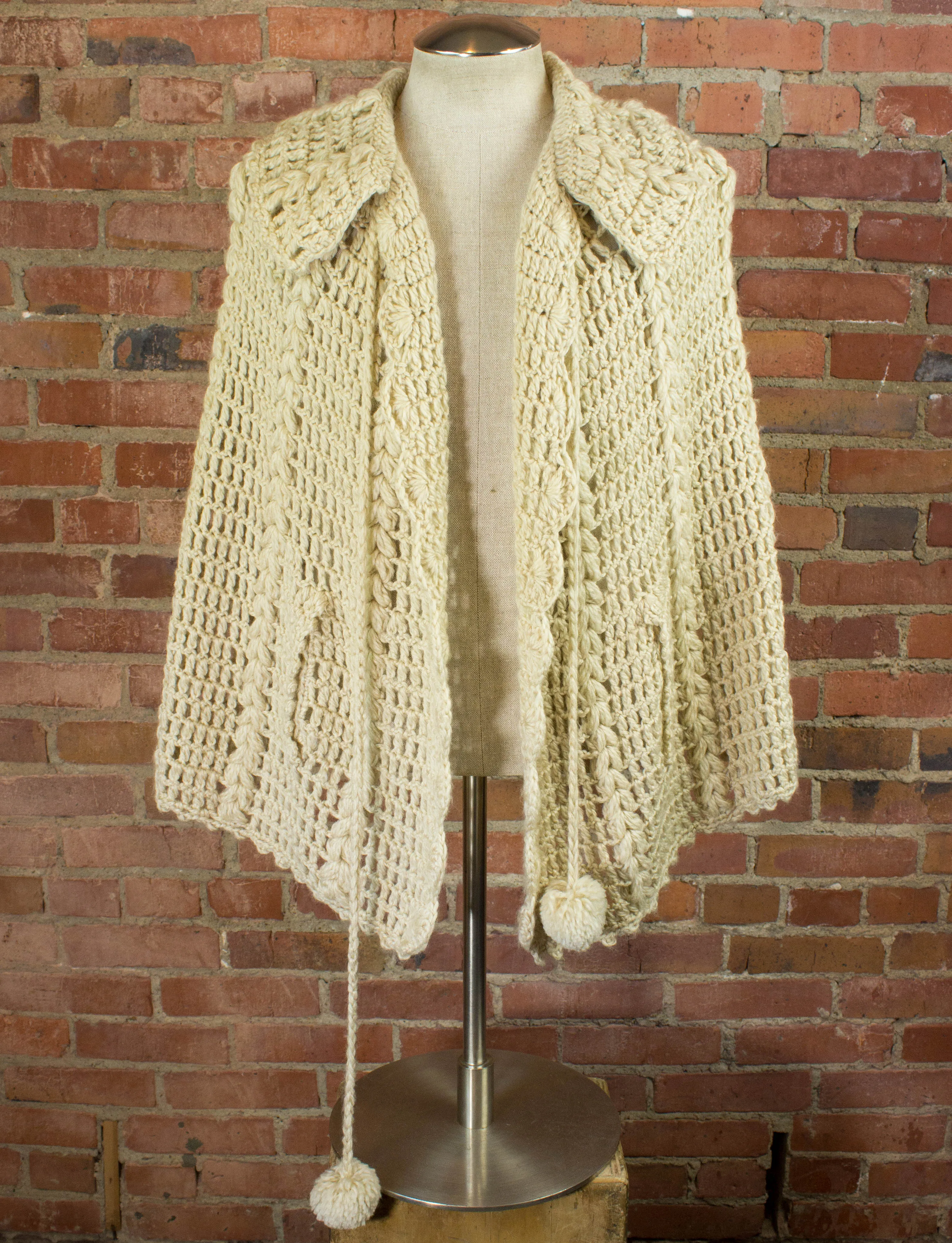 Vintage 70s Crocheted Cream Knit Shawl Poncho With Pom Poms Free Size