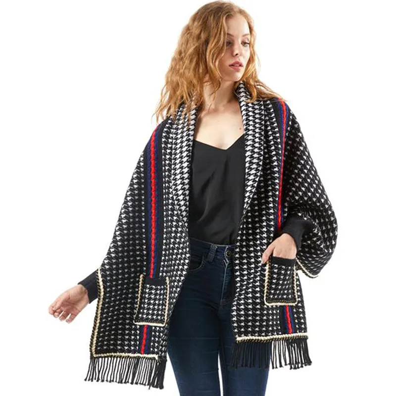 Winter Houndstooth Design Ladies Cotton Crochet Knit Poncho Shawl With Tassel