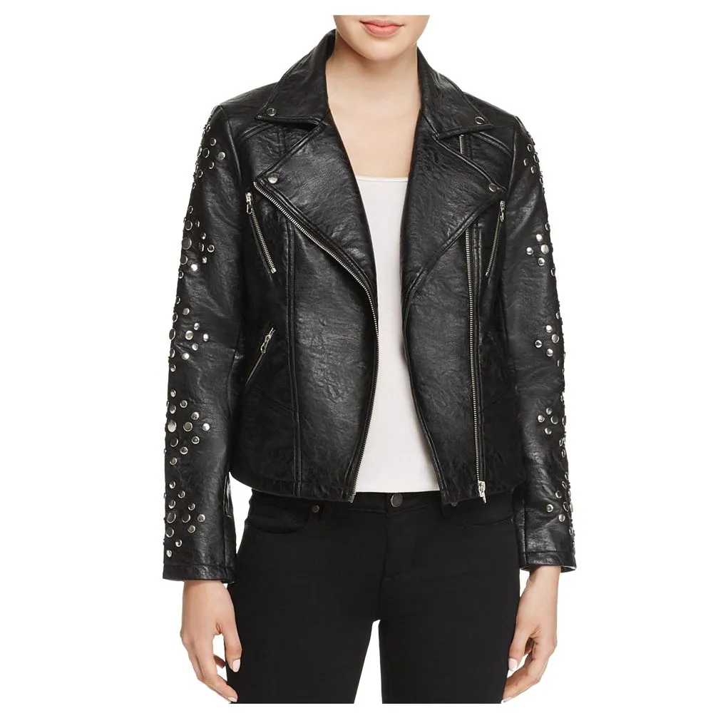 Women Pin Studded Biker Leather Jacket Black